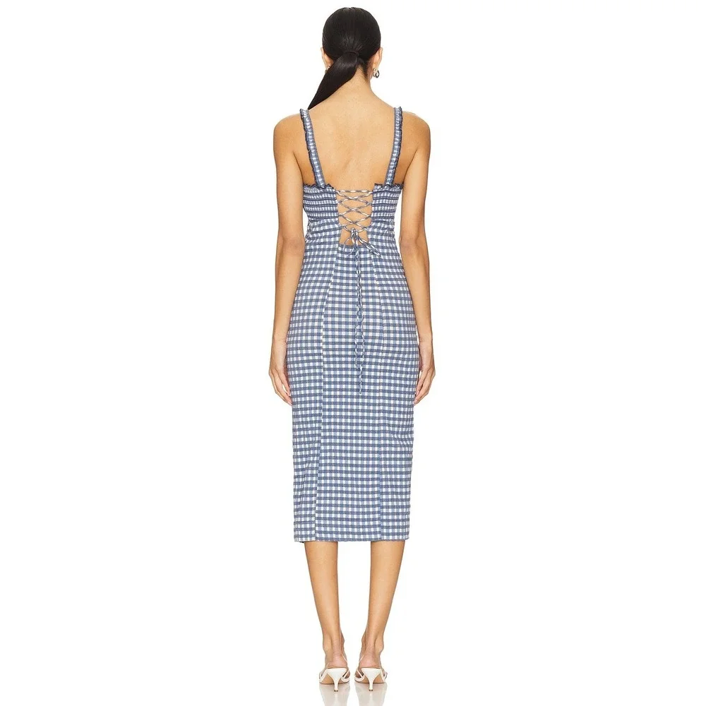 Free People Gingham Lace Up Back Midi Dress Blue White Small